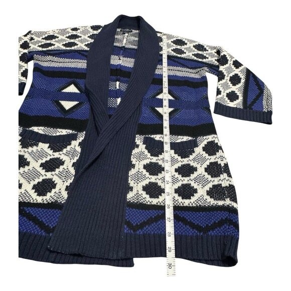 Lucky Brand Aztec Cardigan Sweater XS Blue Cream Open Front Knit Boho Geometric - Picture 6 of 8
